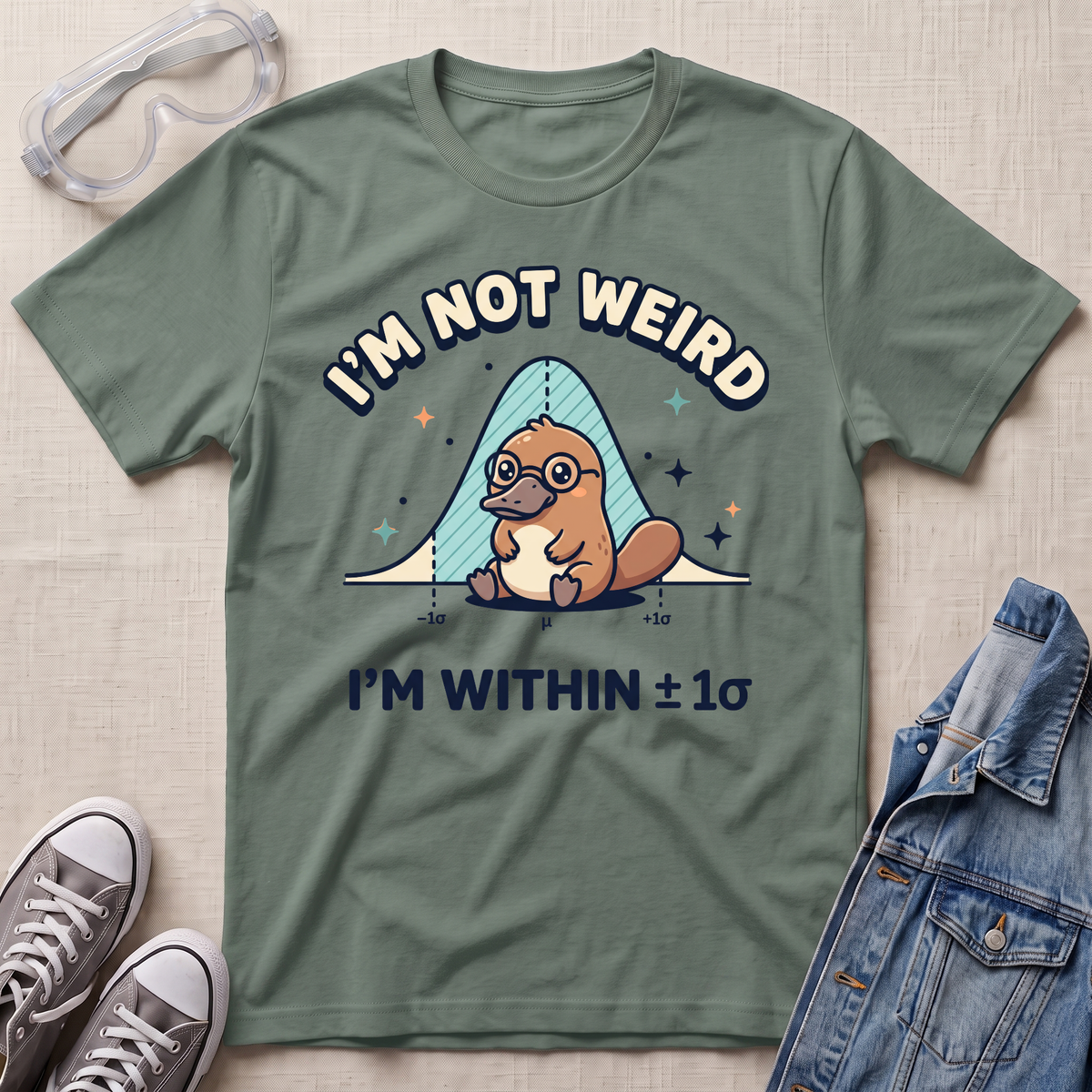 A sage green graphic t-shirt featuring a platypus wearing glasses under a blue bell curve with the text 'I'M NOT WEIRD' and 'I'M WITHIN ±1σ'. The t-shirt is styled in a flat-lay arrangement on a textured beige background, surrounded by props including safety goggles, gray sneakers, and a denim jacket.