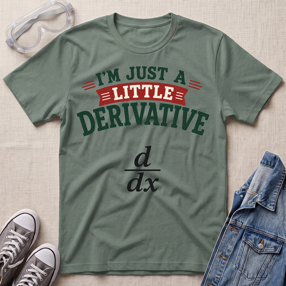 An olive green graphic t-shirt laid flat on a textured beige background, styled with safety goggles, gray sneakers, and a blue denim jacket. The t-shirt features the text 'I'M JUST A LITTLE DERIVATIVE' in dark green and red, with the black derivative formula printed below.