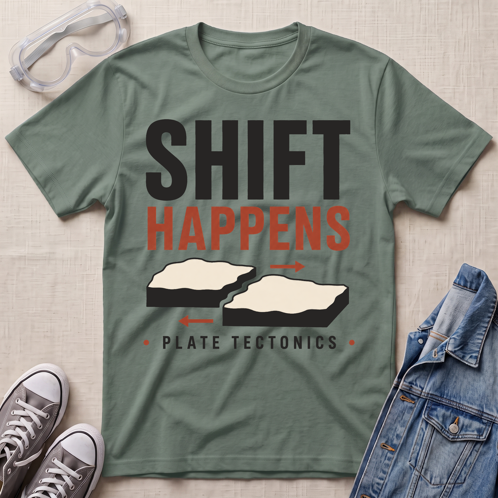 An olive green graphic t-shirt laid flat on a textured beige background, styled with safety goggles, gray sneakers, and a denim jacket. The t-shirt features a graphic that reads 'SHIFT HAPPENS' in black and orange, with illustrations of splitting landmasses and 'PLATE TECTONICS' underneath.