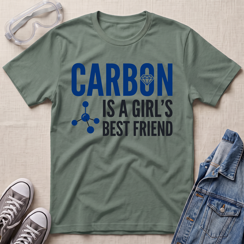 An olive green graphic t-shirt laid flat on a textured beige background, surrounded by styling props including safety goggles, gray sneakers, and a denim jacket. The t-shirt features a blue and dark gray graphic that reads 'CARBON IS A GIRL'S BEST FRIEND' with a carbon atom symbol.