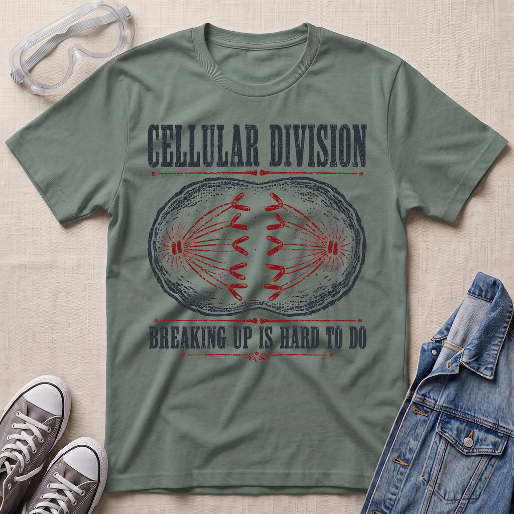 An olive green graphic t-shirt laid flat on a textured beige fabric background, styled with clear safety glasses, gray sneakers, and a blue denim jacket. The t-shirt features a dark gray and red printed graphic of a dividing cell with the text 'CELLULAR DIVISION' and 'BREAKING UP IS HARD TO DO'.