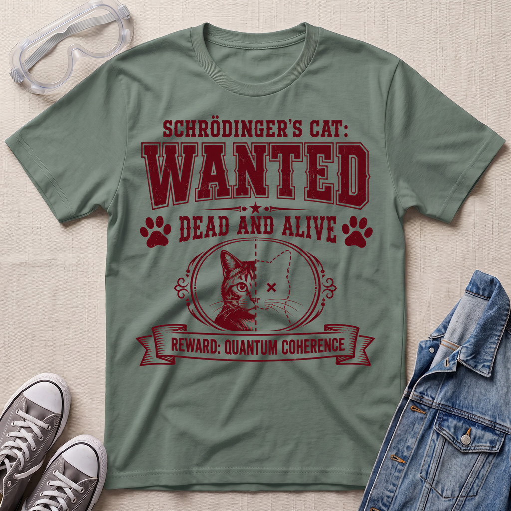 An olive green graphic t-shirt featuring a 'Schrödinger's Cat' wanted poster design in dark red, styled in a flat-lay with safety goggles, sneakers, and a denim jacket on a textured beige background.