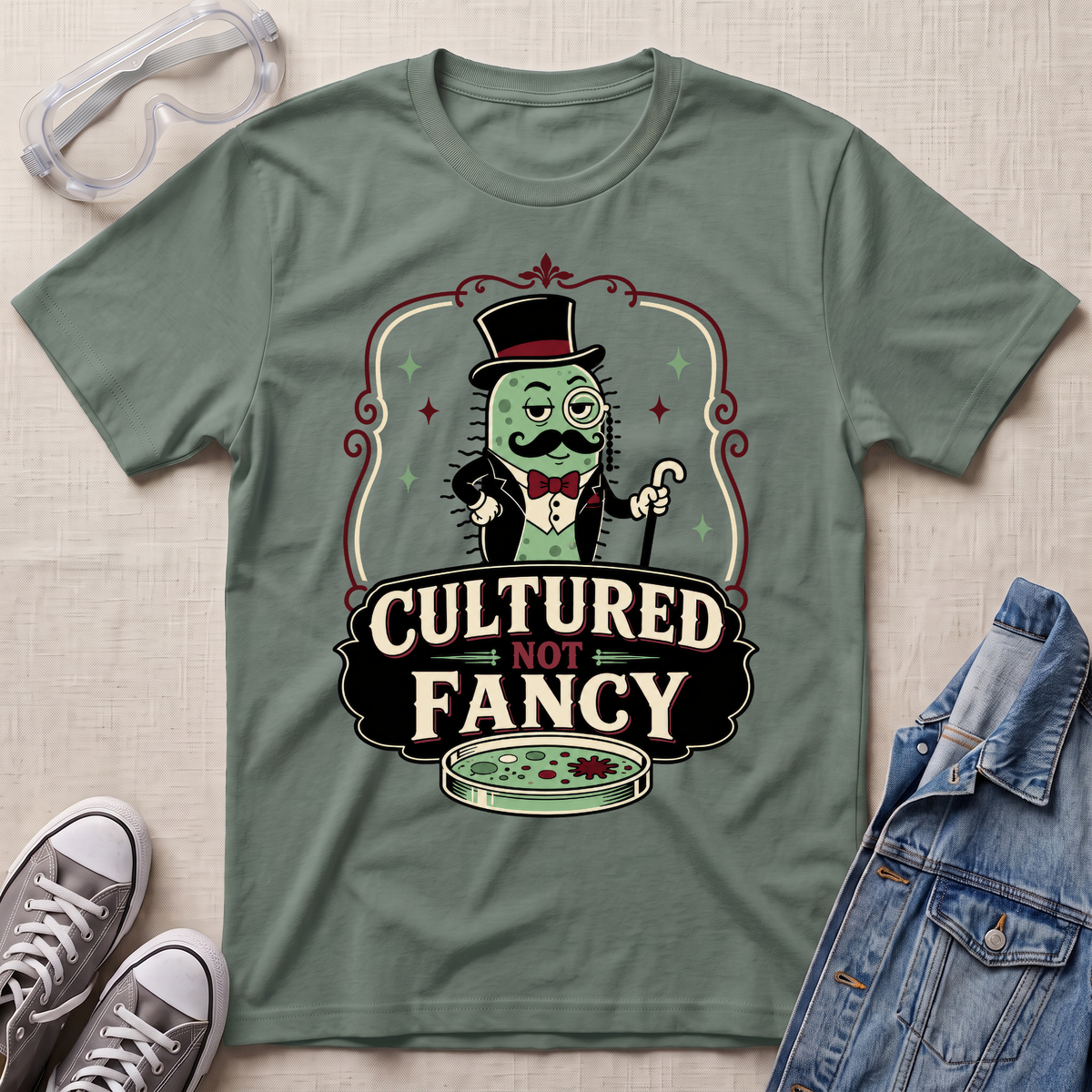 A sage green graphic t-shirt laid flat on a textured beige surface, styled with safety goggles, gray sneakers, and a denim jacket. The t-shirt features a vintage-style illustration of a green-skinned man in a top hat and bow tie with the text 'CULTURED NOT FANCY' and a petri dish graphic.