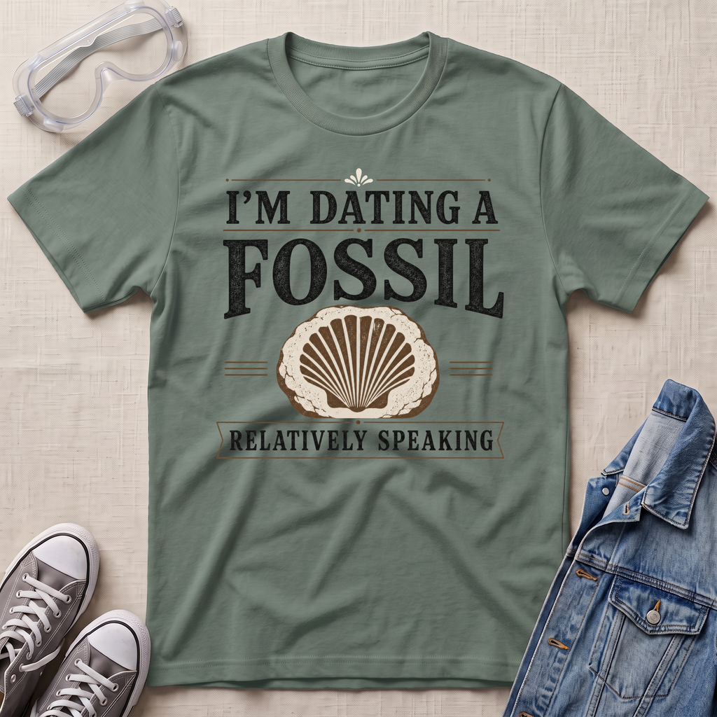 An olive green graphic t-shirt laid flat on a textured beige background, styled with safety goggles, gray sneakers, and a denim jacket. The t-shirt features a distressed black and beige graphic that reads 'I'M DATING A FOSSIL RELATIVELY SPEAKING' with a seashell illustration.