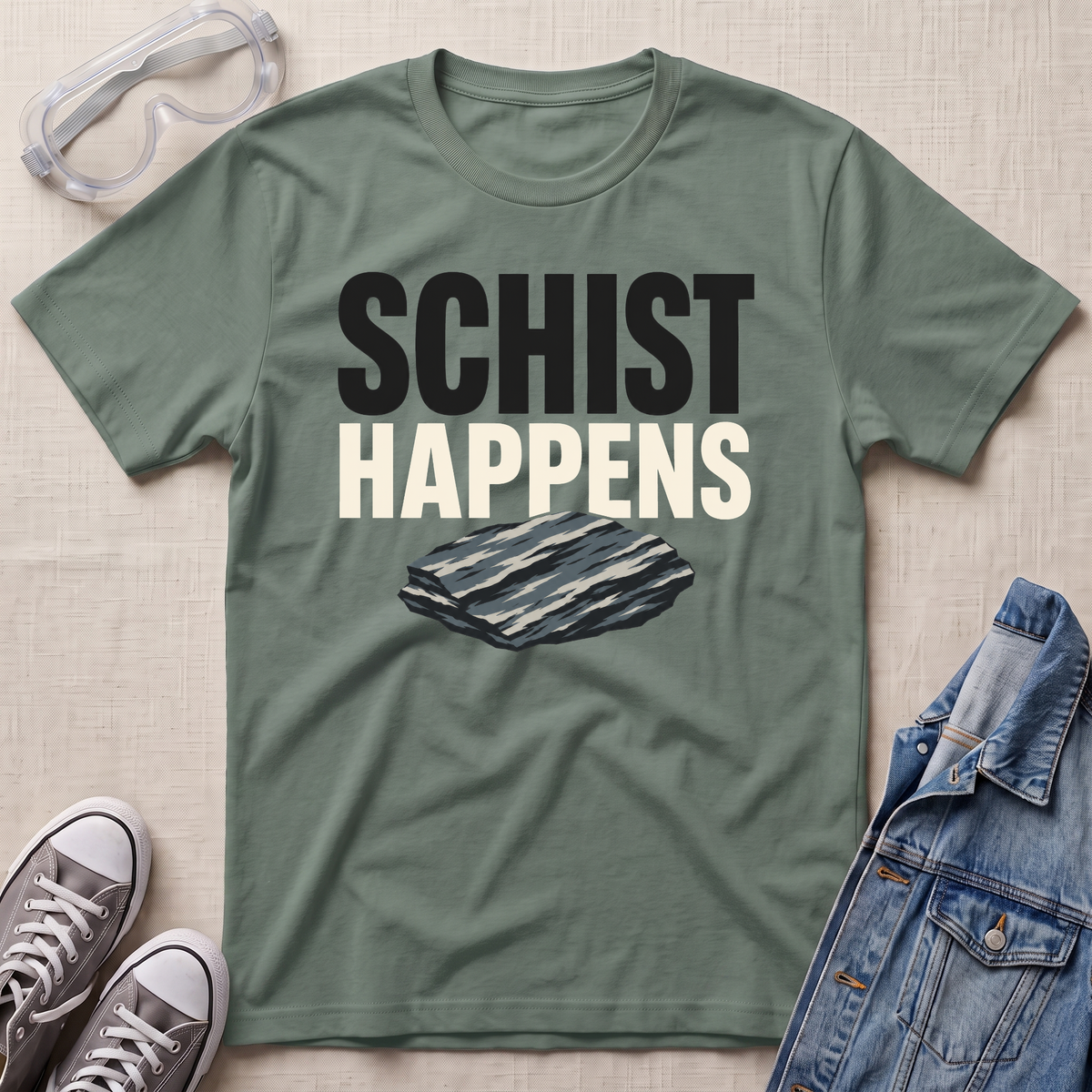 An olive green graphic t-shirt laid flat on a textured beige fabric background, styled with safety goggles, gray sneakers, and a denim jacket. The t-shirt features the text 'SCHIST HAPPENS' in bold black and cream lettering above an illustration of layered schist rock.
