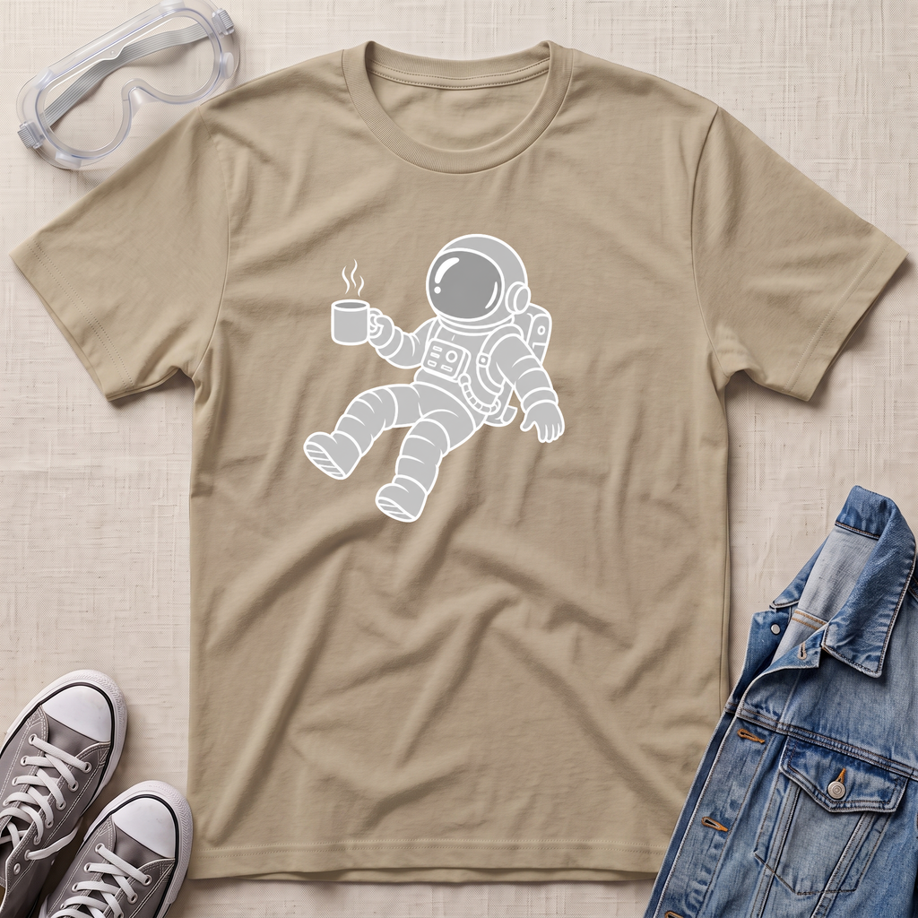A sand t-shirt with a white graphic of an astronaut floating and holding a steaming mug, styled in a flat-lay with a denim jacket, sneakers, and safety goggles on a textured beige background.