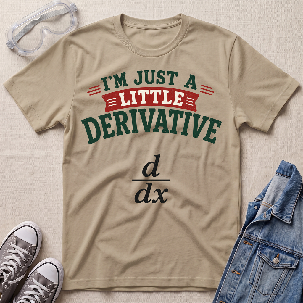 A beige graphic t-shirt laid flat on a textured light background, surrounded by styling props including safety goggles, gray sneakers, and a denim jacket. The t-shirt features the text 'I'M JUST A LITTLE DERIVATIVE' in dark green and red lettering, with the black derivative math formula printed below.
