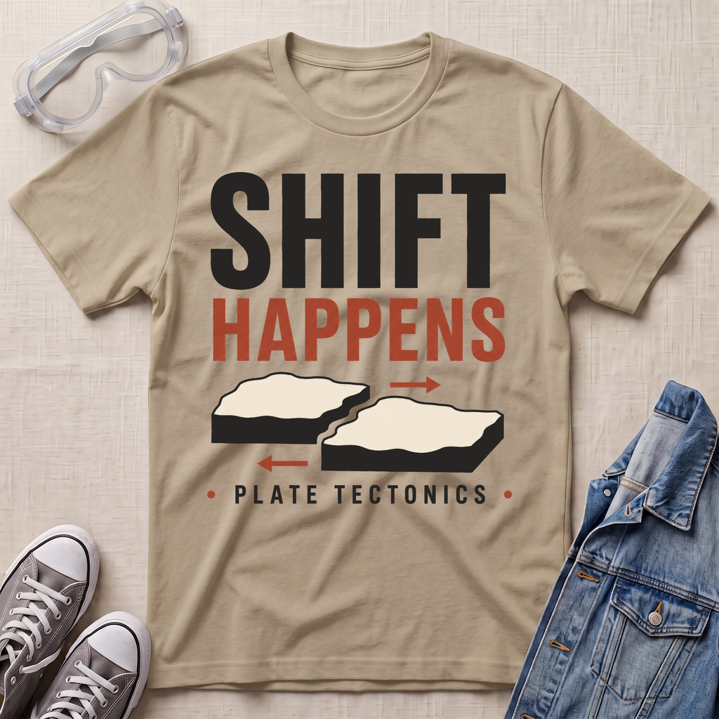 A beige graphic t-shirt laid flat on a textured beige fabric background, styled with safety goggles, gray sneakers, and a blue denim jacket. The t-shirt features a graphic that reads 'SHIFT HAPPENS' in black and red, with illustrations of tectonic plates and the text 'PLATE TECTONICS' below.