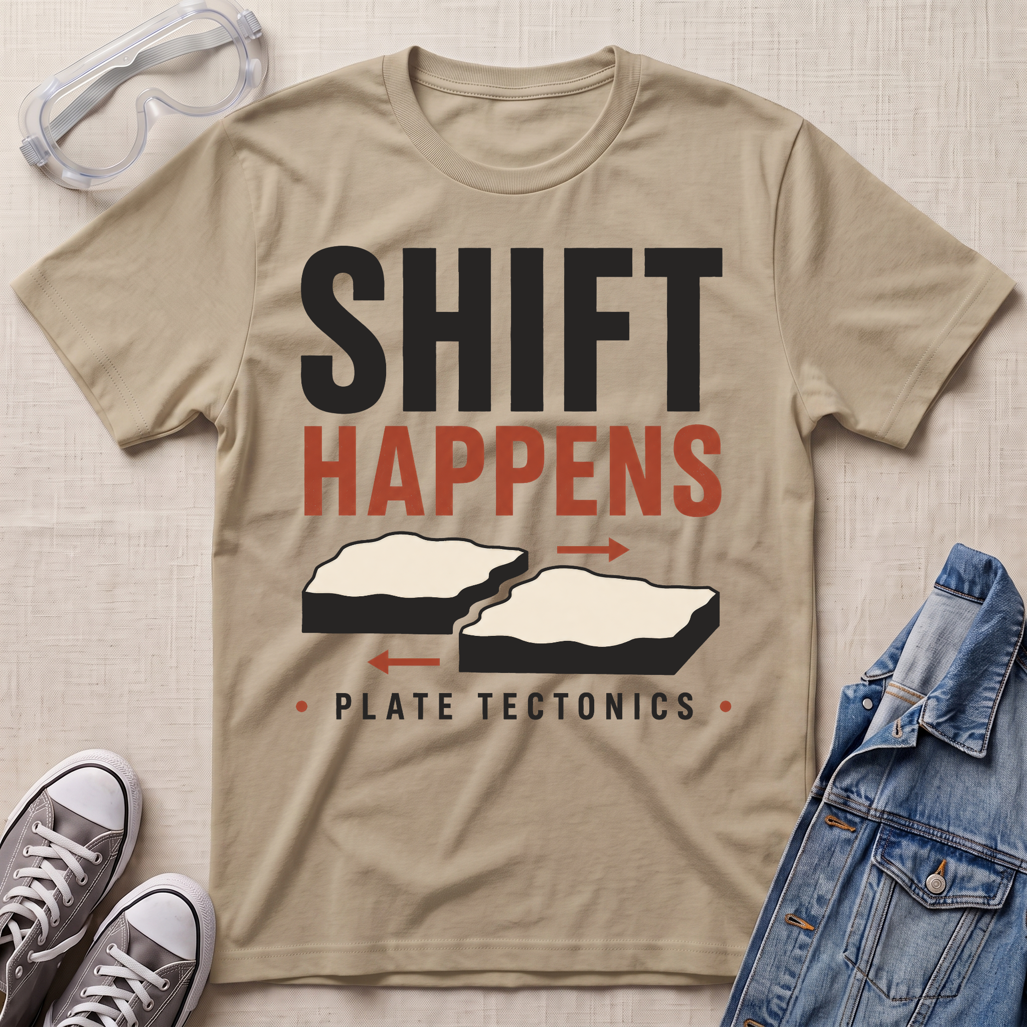 A beige graphic t-shirt laid flat on a textured beige fabric background, styled with safety goggles, gray sneakers, and a blue denim jacket. The t-shirt features a graphic that reads 'SHIFT HAPPENS' in black and red, with illustrations of tectonic plates and the text 'PLATE TECTONICS' below.
