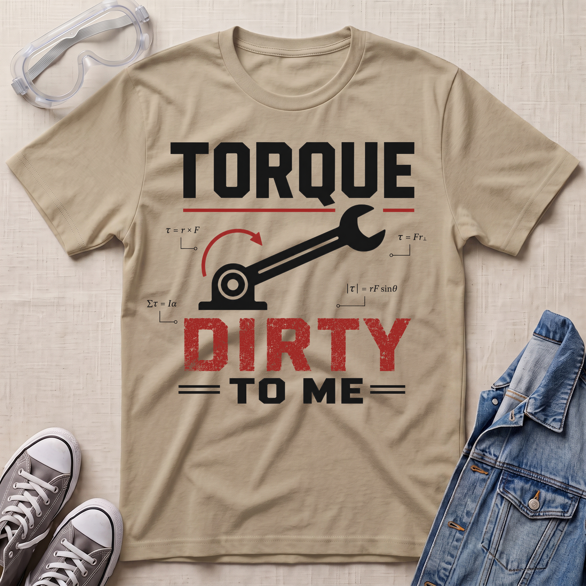 A beige graphic t-shirt laid flat on a textured fabric background, styled with safety glasses, gray sneakers, and a blue denim jacket. The t-shirt features a black and red graphic that reads 'TORQUE DIRTY TO ME' with a wrench and gear illustration.