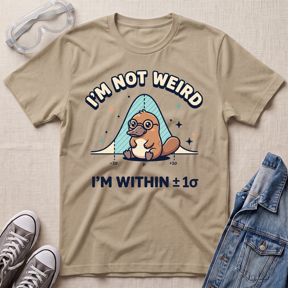 A beige graphic t-shirt featuring a platypus wearing glasses under a blue bell curve with the text 'I'M NOT WEIRD' and 'I'M WITHIN ±1σ'. The t-shirt is styled in a flat-lay arrangement on a textured beige background, surrounded by props including safety goggles, gray sneakers, and a denim jacket.