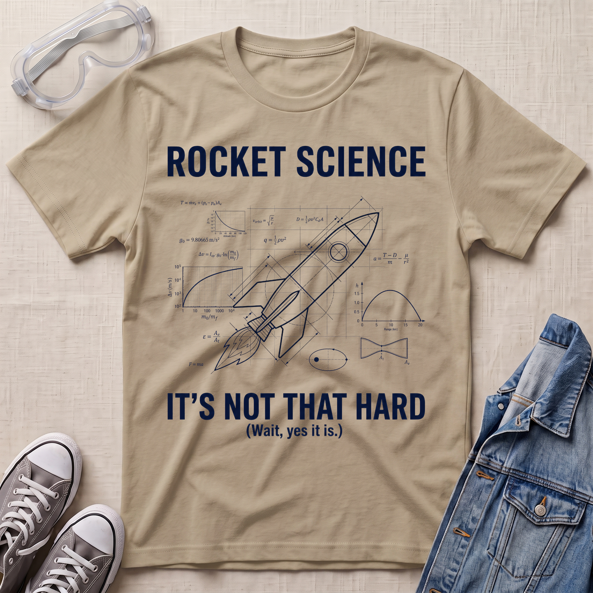 A sand beige graphic t-shirt featuring a blue rocket schematic and the text 'ROCKET SCIENCE IT'S NOT THAT HARD (Wait, yes it is.)' in navy blue.
