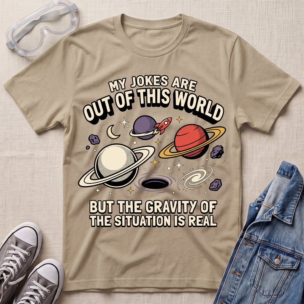 A sand beige graphic t-shirt laid flat on a textured beige fabric background, surrounded by props including clear safety goggles, gray sneakers, and a blue denim jacket. The t-shirt features a space-themed graphic with planets, stars, and the text 'MY JOKES ARE OUT OF THIS WORLD BUT THE GRAVITY OF THE SITUATION IS REAL'.