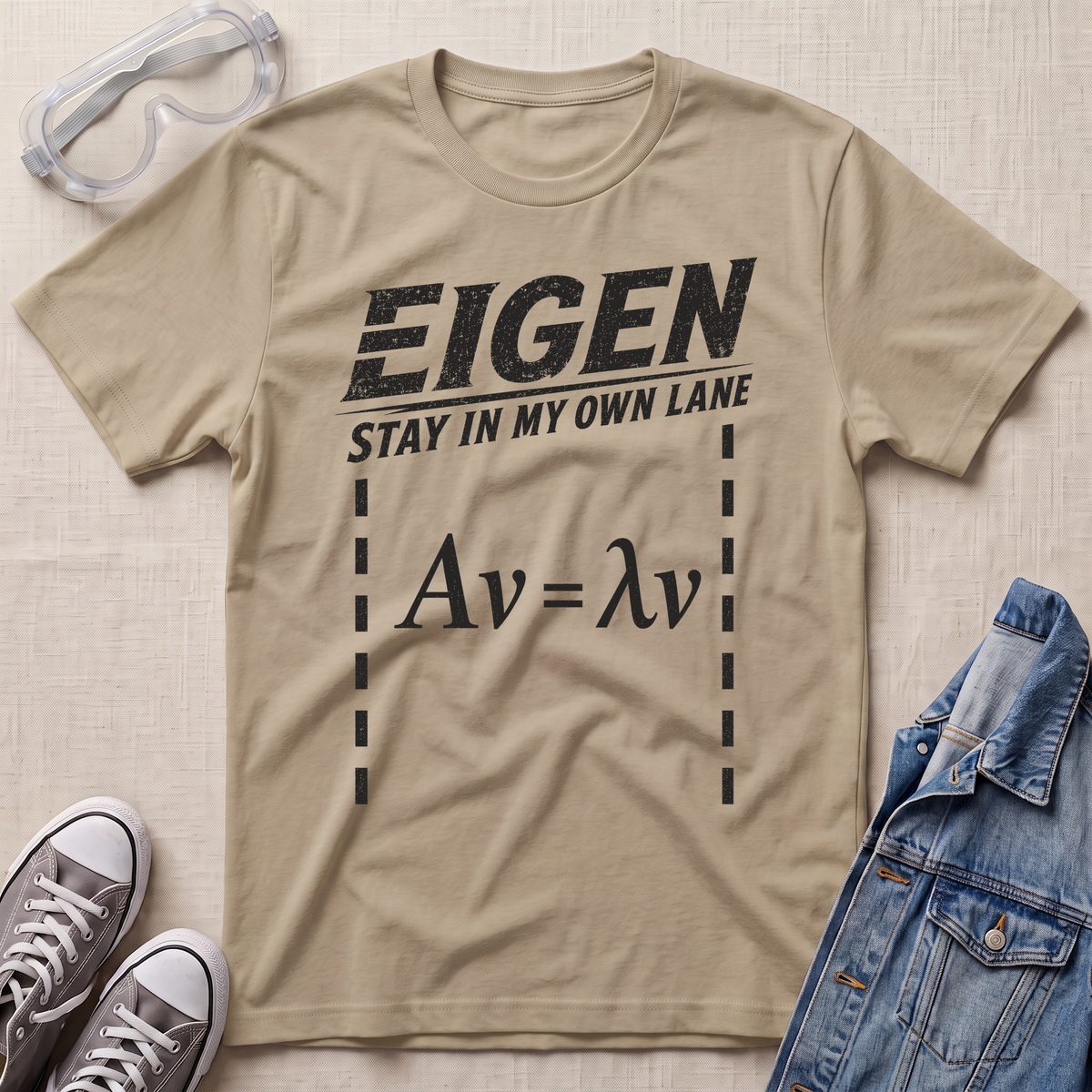 A beige graphic t-shirt laid flat on a textured beige background, styled with safety goggles, gray sneakers, and a blue denim jacket. The t-shirt features a black distressed print that reads 'EIGEN STAY IN MY OWN LANE' above the eigenvalue equation 'Av = λv'.