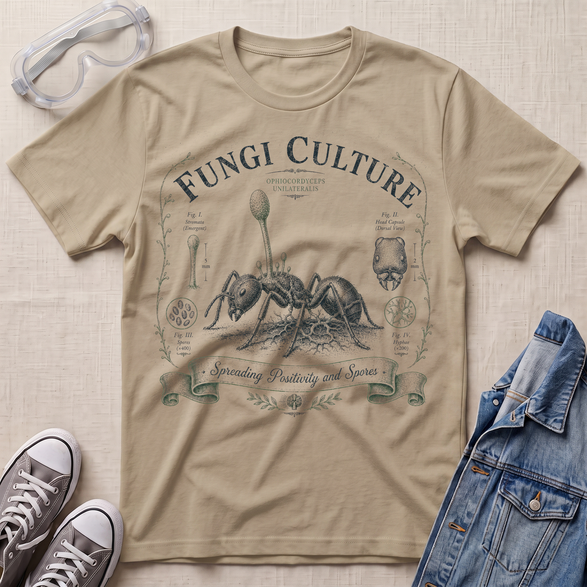 A beige graphic t-shirt featuring a vintage-style illustration of an ant with the text 'Fungi Culture' and 'Spreading Puddles and Spores'. The t-shirt is styled in a flat-lay arrangement with safety goggles, gray sneakers, and a blue denim jacket on a textured beige fabric background.