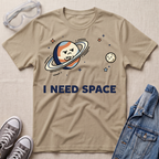 A sand beige graphic t-shirt featuring a cartoon planet with a sad face and the text 'I NEED SPACE' in navy blue. The t-shirt is styled in a flat-lay arrangement with safety goggles, gray sneakers, and a denim jacket on a textured beige fabric background.