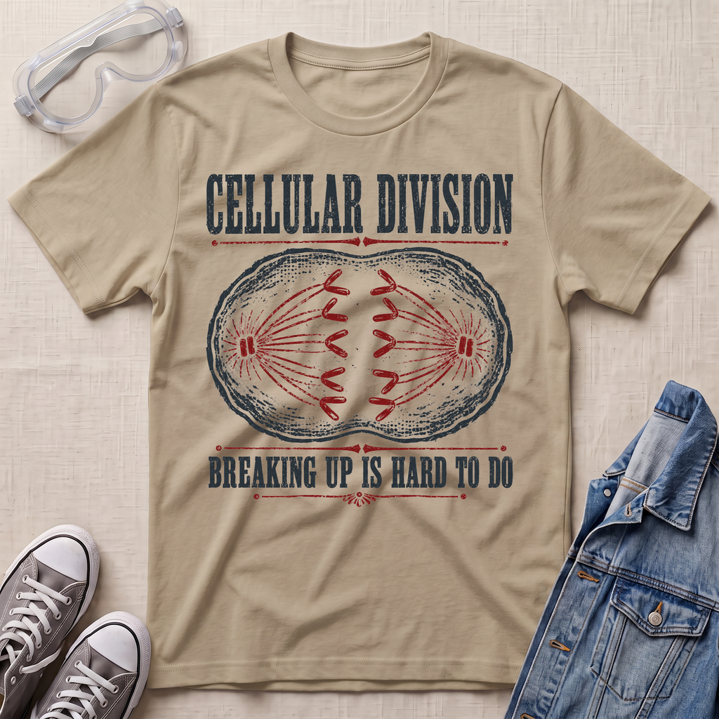 A beige graphic t-shirt laid flat on a textured fabric background, styled with safety goggles, gray sneakers, and a blue denim jacket. The t-shirt features a distressed graphic of a dividing cell with the text 'CELLULAR DIVISION' and 'BREAKING UP IS HARD TO DO'.