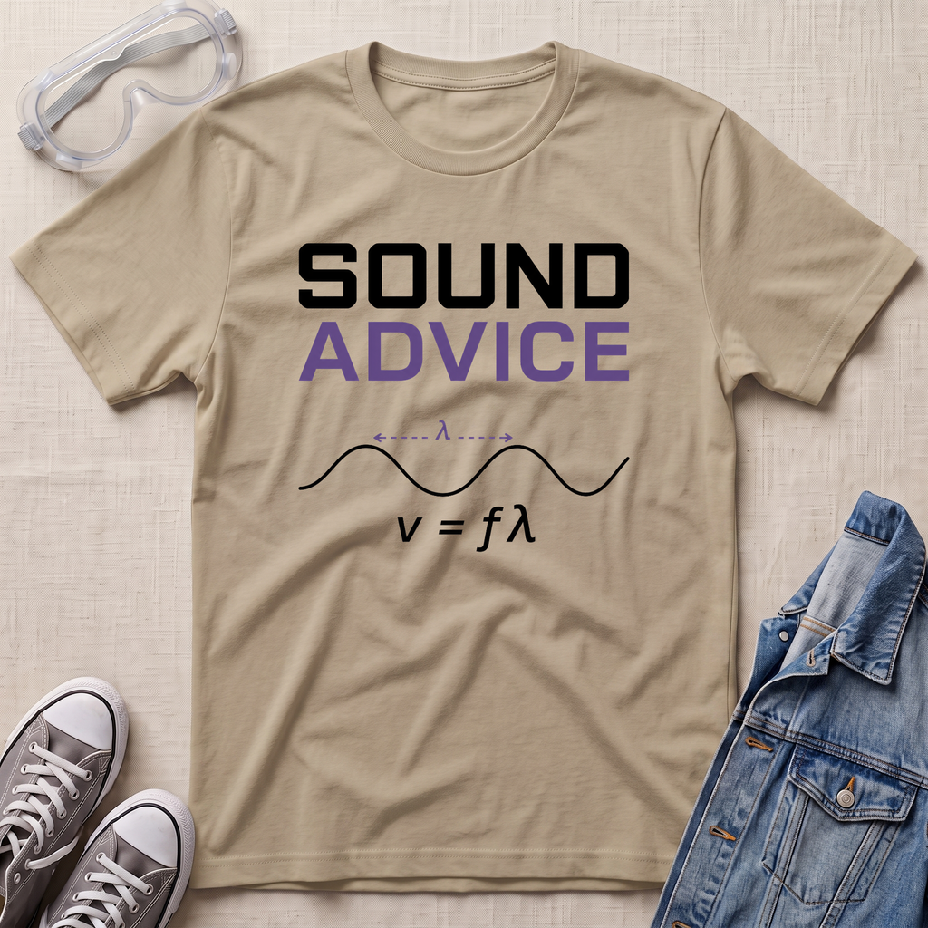 A beige graphic t-shirt laid flat on a textured light background, surrounded by props including safety goggles, gray sneakers, and a denim jacket. The t-shirt features the text 'SOUND ADVICE' in black and purple, with a black sound wave and the equation v = fϗ below it.