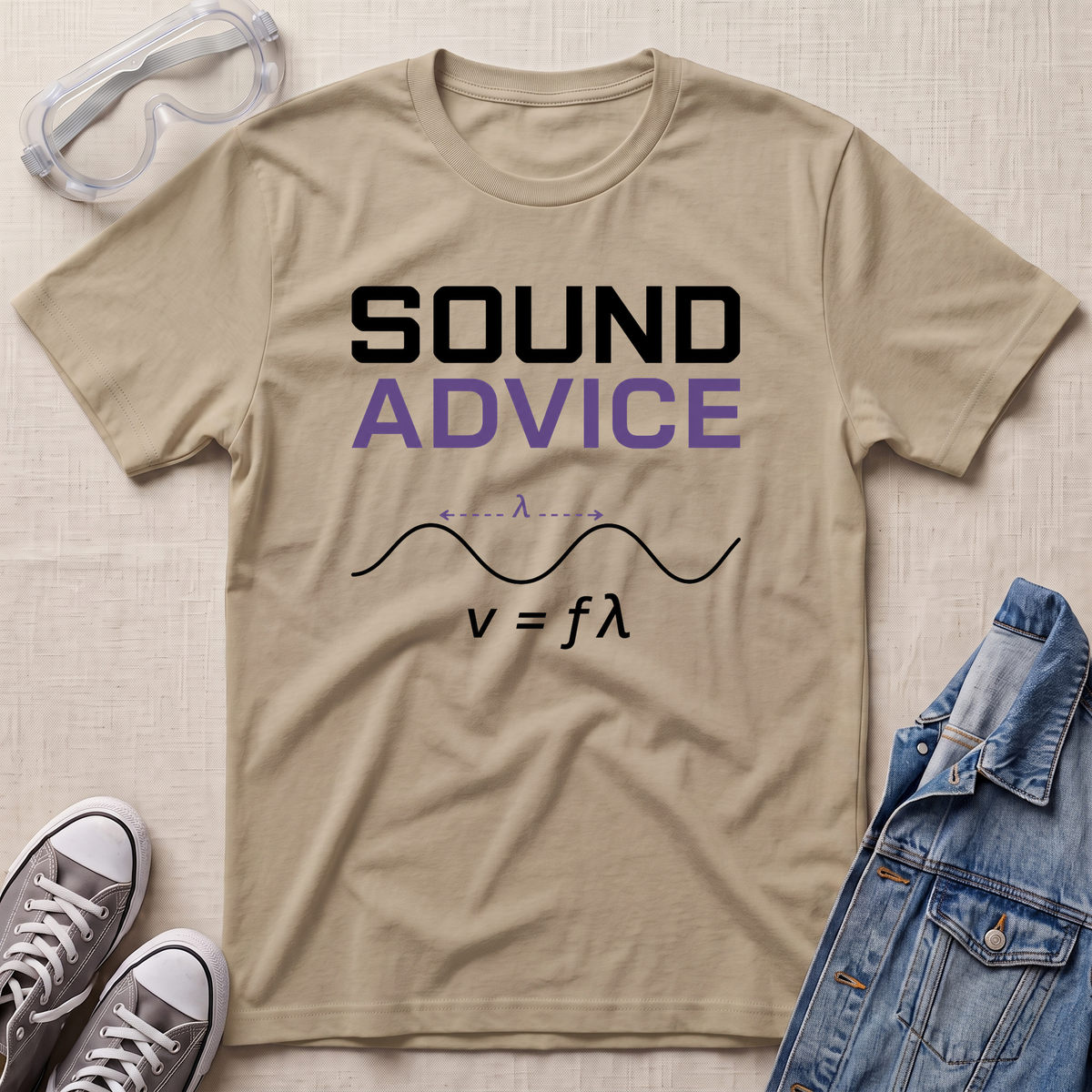 A beige graphic t-shirt laid flat on a textured light background, surrounded by props including safety goggles, gray sneakers, and a denim jacket. The t-shirt features the text 'SOUND ADVICE' in black and purple, with a black sound wave and the equation v = fϗ below it.