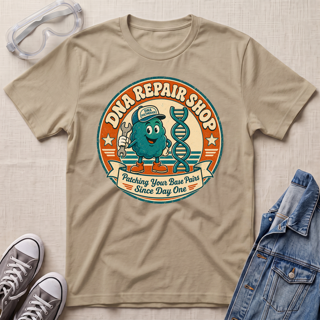 A beige graphic t-shirt laid flat on a textured light beige surface, surrounded by styling props including clear safety goggles, gray sneakers, and a blue denim jacket. The t-shirt features a retro circular graphic for 'DNA REPAIR SHOP' with a teal cartoon character holding a DNA double helix and a wrench, with the text 'Patching Your Base Pairs Since Day One'.