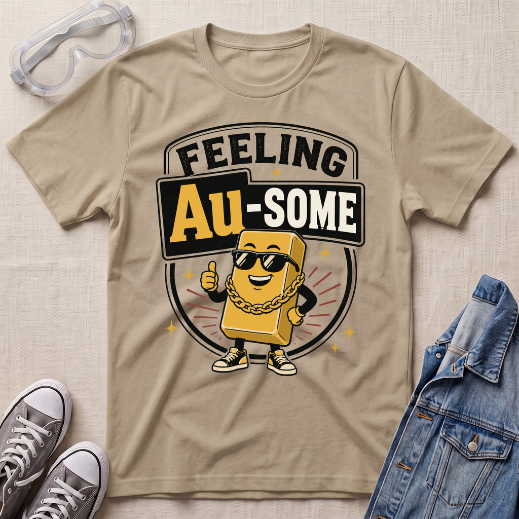 A beige graphic t-shirt laid flat on a textured fabric background, styled with safety goggles, gray sneakers, and a denim jacket. The t-shirt features a cartoon gold bar character wearing sunglasses and a gold chain, with the text 'FEELING Au-SOME' in a circular badge design.
