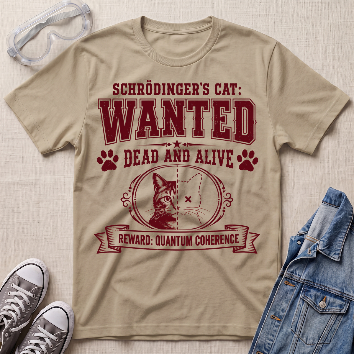 A beige graphic t-shirt featuring Schrödinger's Cat in a 'WANTED' poster design, styled in a flat-lay with a denim jacket, sneakers, and safety goggles on a textured beige background.