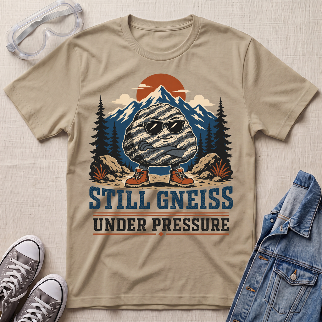A beige graphic t-shirt laid flat on a textured fabric background, styled with safety goggles, gray sneakers, and a blue denim jacket. The t-shirt features a graphic of a gneiss rock wearing sunglasses with mountain, trees, and an orange sun in the background, with the text 'STILL GNEISS UNDER PRESSURE'.