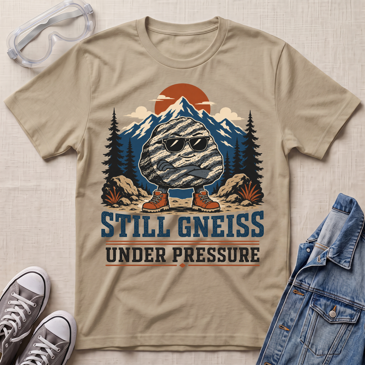A beige graphic t-shirt laid flat on a textured fabric background, styled with safety goggles, gray sneakers, and a blue denim jacket. The t-shirt features a graphic of a gneiss rock wearing sunglasses with mountain, trees, and an orange sun in the background, with the text 'STILL GNEISS UNDER PRESSURE'.