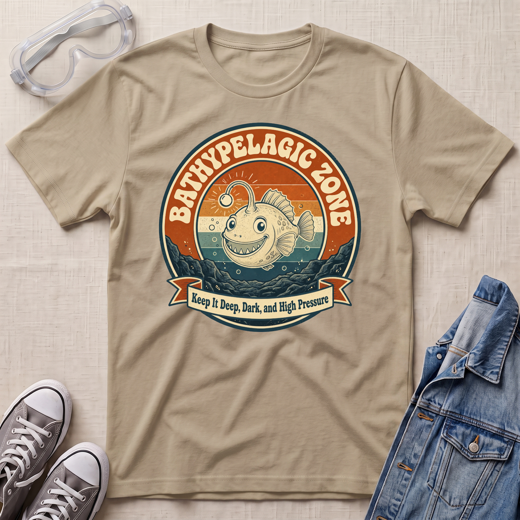 A beige graphic t-shirt laid flat on a textured beige surface, styled with safety goggles, gray sneakers, and a blue denim jacket. The t-shirt features a retro circular graphic of a smiling deep-sea fish with the text 'BATHYPELAGIC ZONE' and 'Keep it Deep, Dark, and High Pressure'.