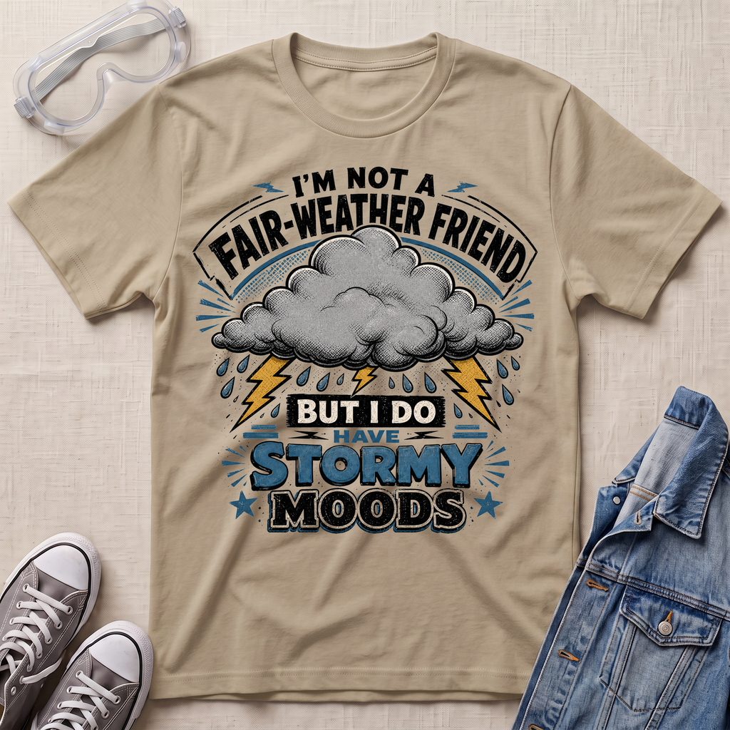 A beige graphic t-shirt laid flat on a textured fabric background, styled with safety goggles, gray sneakers, and a blue denim jacket. The t-shirt features a storm graphic with a gray cloud, lightning bolts, and the text 'I'M NOT A FAIR-WEATHER FRIEND BUT I DO HAVE STORMY MOODS'.