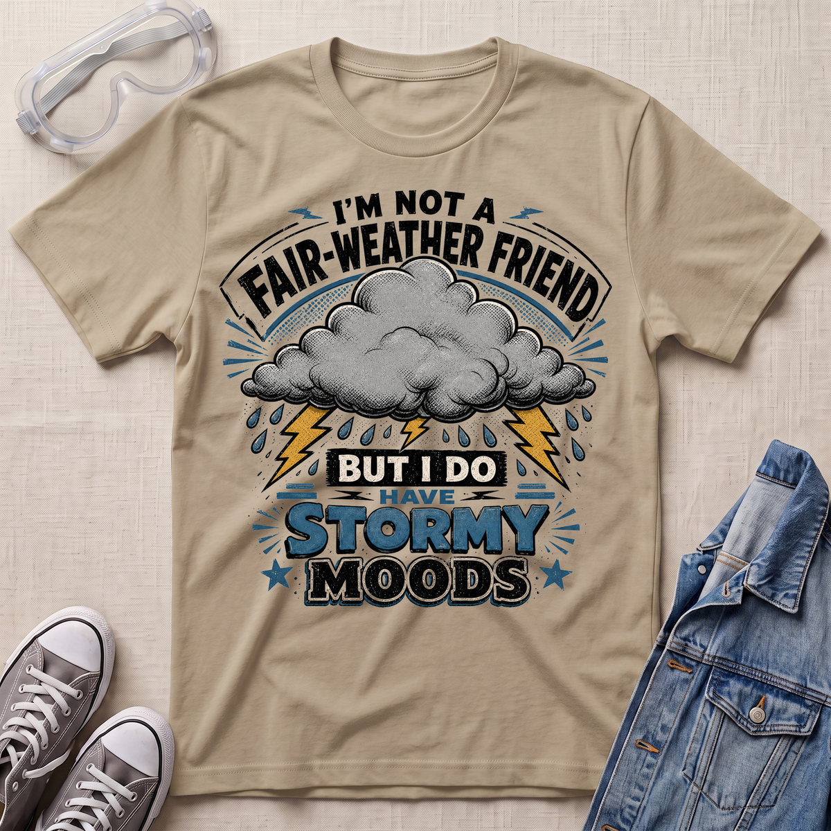 A beige graphic t-shirt laid flat on a textured fabric background, styled with safety goggles, gray sneakers, and a blue denim jacket. The t-shirt features a storm graphic with a gray cloud, lightning bolts, and the text 'I'M NOT A FAIR-WEATHER FRIEND BUT I DO HAVE STORMY MOODS'.
