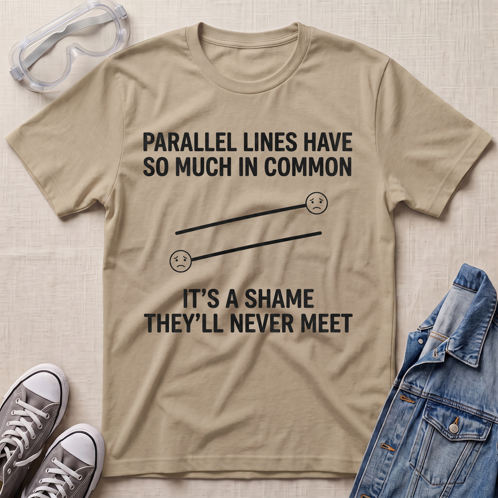 A beige graphic t-shirt laid flat on a textured fabric background, surrounded by styling props including safety goggles, gray sneakers, and a blue denim jacket. The t-shirt features a black printed graphic of parallel lines with sad faces and the text 'PARALLEL LINES HAVE SO MUCH IN COMMON IT'S A SHAME THEY'LL NEVER MEET'.