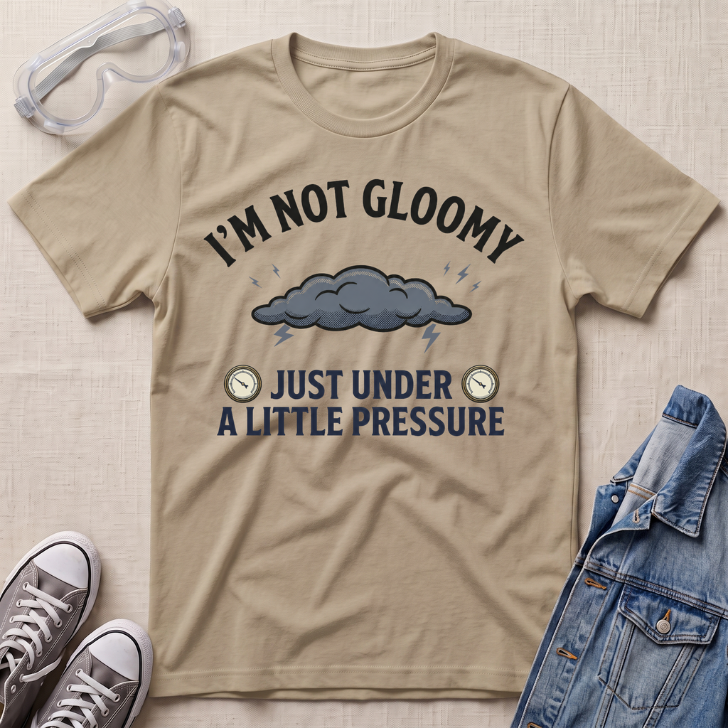 A beige graphic t-shirt laid flat on a textured beige background, styled with safety goggles, gray sneakers, and a blue denim jacket. The t-shirt features a dark gray cloud graphic with lightning and the text 'I'M NOT GLOOMY JUST UNDER A LITTLE PRESSURE'.