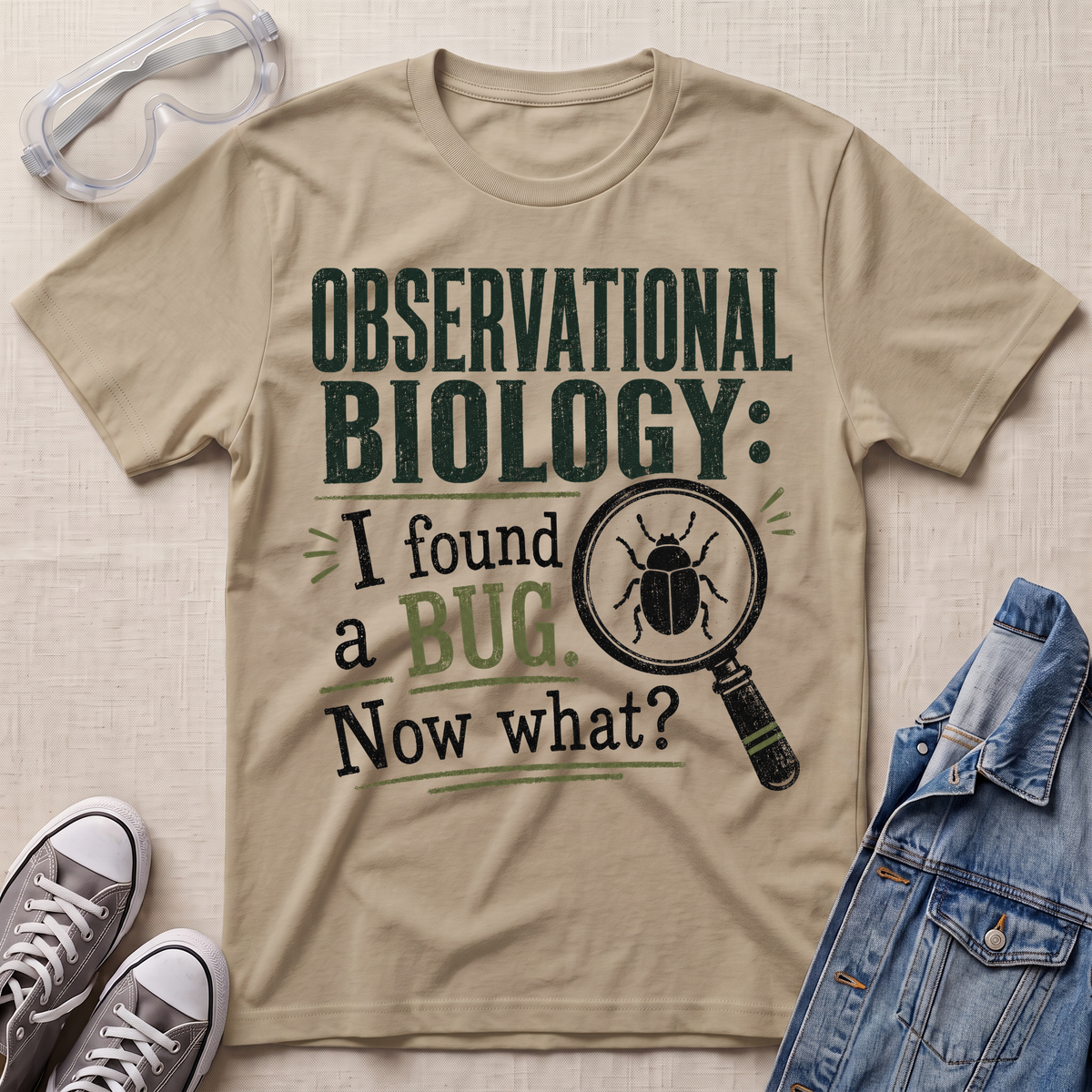 A beige graphic t-shirt featuring the text 'OBSERVATIONAL BIOLOGY: I found a BUG. Now what?' in dark green and black lettering, accompanied by a magnifying glass and beetle illustration.