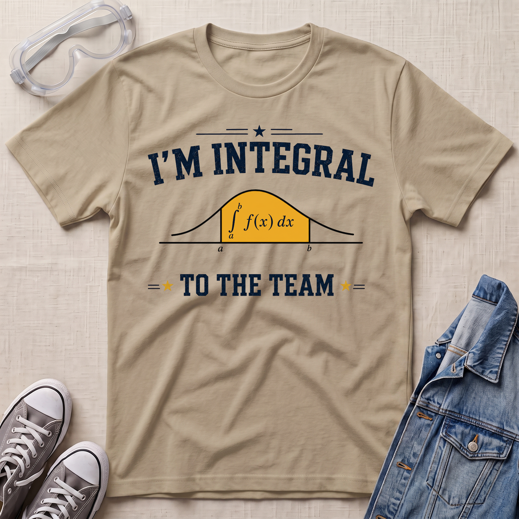 A beige graphic t-shirt laid flat on a textured fabric background, styled with safety goggles, gray sneakers, and a blue denim jacket. The t-shirt features a dark navy blue and yellow graphic that reads 'I'M INTEGRAL TO THE TEAM' with a simple integral curve illustration.