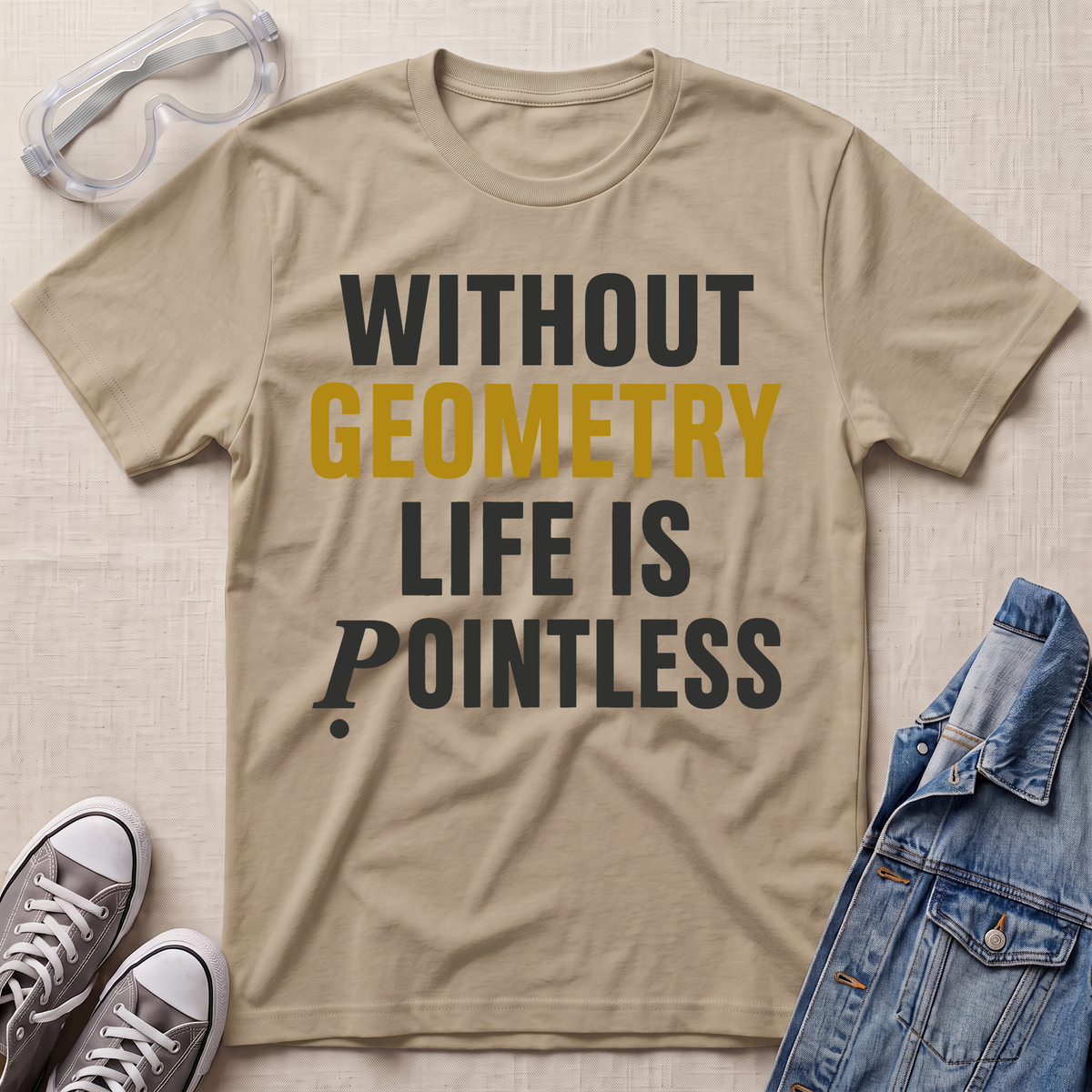 A beige graphic t-shirt with the text 'WITHOUT GEOMETRY LIFE IS POINTLESS' in black and mustard yellow, styled in a flat-lay with safety goggles, gray sneakers, and a denim jacket on a textured beige background.