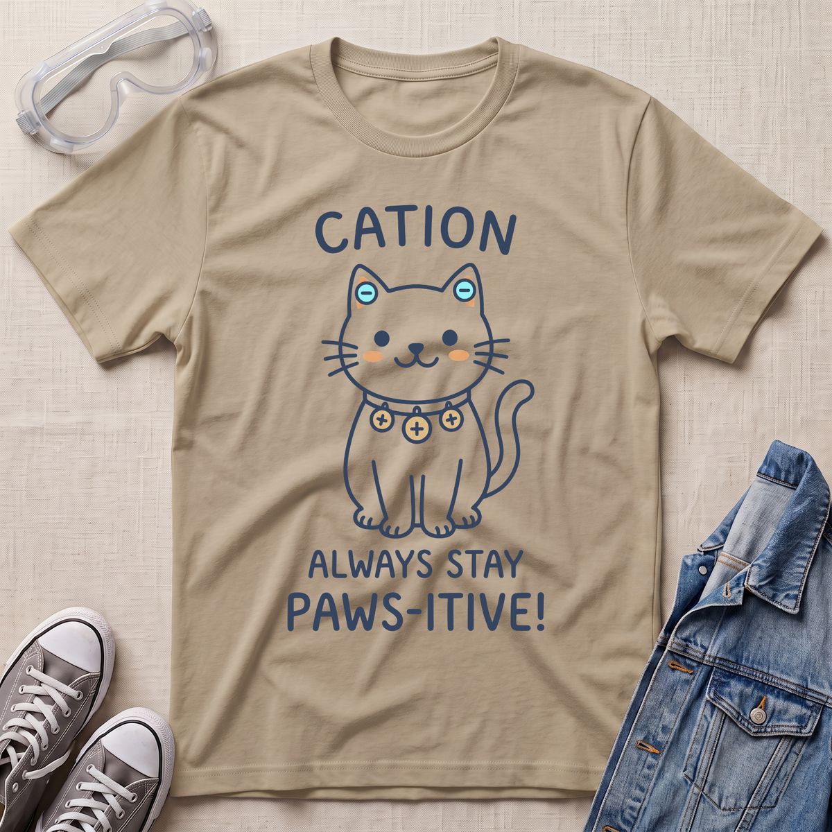 A beige graphic t-shirt featuring a cute cartoon cat with the text 'CATION ALWAYS STAY PAWS-ITIVE!' printed on the front. The t-shirt is styled in a flat-lay arrangement with safety goggles, gray sneakers, and a denim jacket on a textured beige fabric background.