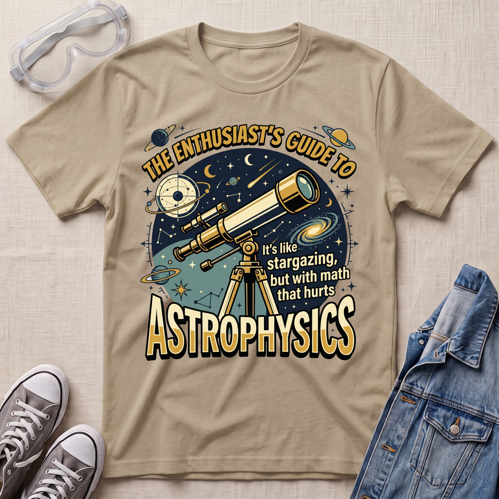 A sand beige graphic T-shirt laid flat on a light fabric surface, styled with clear safety goggles, gray sneakers, and a blue denim jacket. The shirt features a large space-themed print with a telescope, planets, stars, and the text 'THE ENTHUSIAST'S GUIDE TO ASTROPHYSICS' and 'it's like stargazing, but with math that hurts.