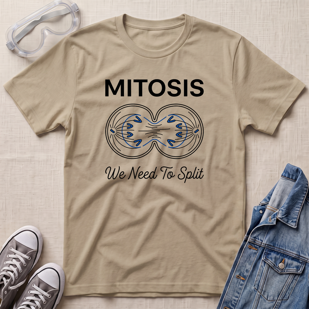 A beige science t-shirt featuring a mitosis cell division diagram with “MITOSIS – We Need To Split” text, styled with lab goggles, sneakers, and a denim jacket.