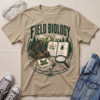 A beige graphic t-shirt featuring a 'Field Biology' theme with illustrations of boots, an open book, a magnifying glass, and a leaf. The shirt is styled in a flat-lay arrangement with safety goggles, sneakers, and a denim jacket on a textured beige background.