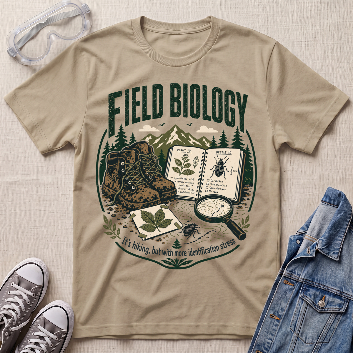 A beige graphic t-shirt featuring a 'Field Biology' theme with illustrations of boots, an open book, a magnifying glass, and a leaf. The shirt is styled in a flat-lay arrangement with safety goggles, sneakers, and a denim jacket on a textured beige background.