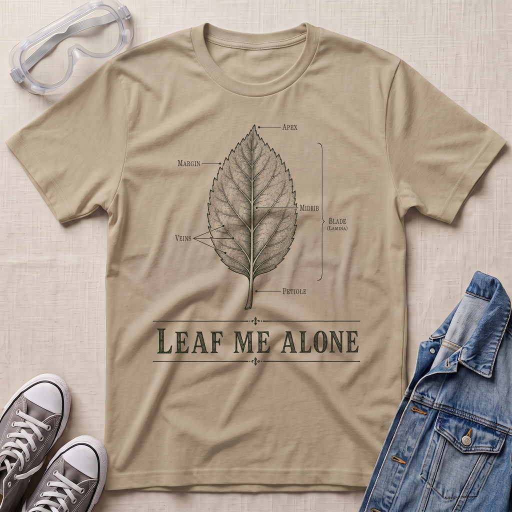 A beige botanical t-shirt featuring a vintage labeled leaf anatomy illustration with the pun “Leaf Me Alone” in bold retro typography.