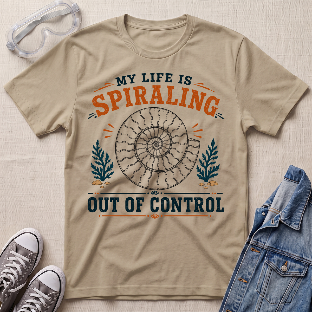 A beige graphic t-shirt laid flat on a textured fabric background, surrounded by styling props including clear safety goggles, gray sneakers, and a blue denim jacket. The t-shirt features a retro-style graphic with a spiral ammonite shell and the text 'MY LIFE IS SPIRALING OUT OF CONTROL' in orange and navy blue.
