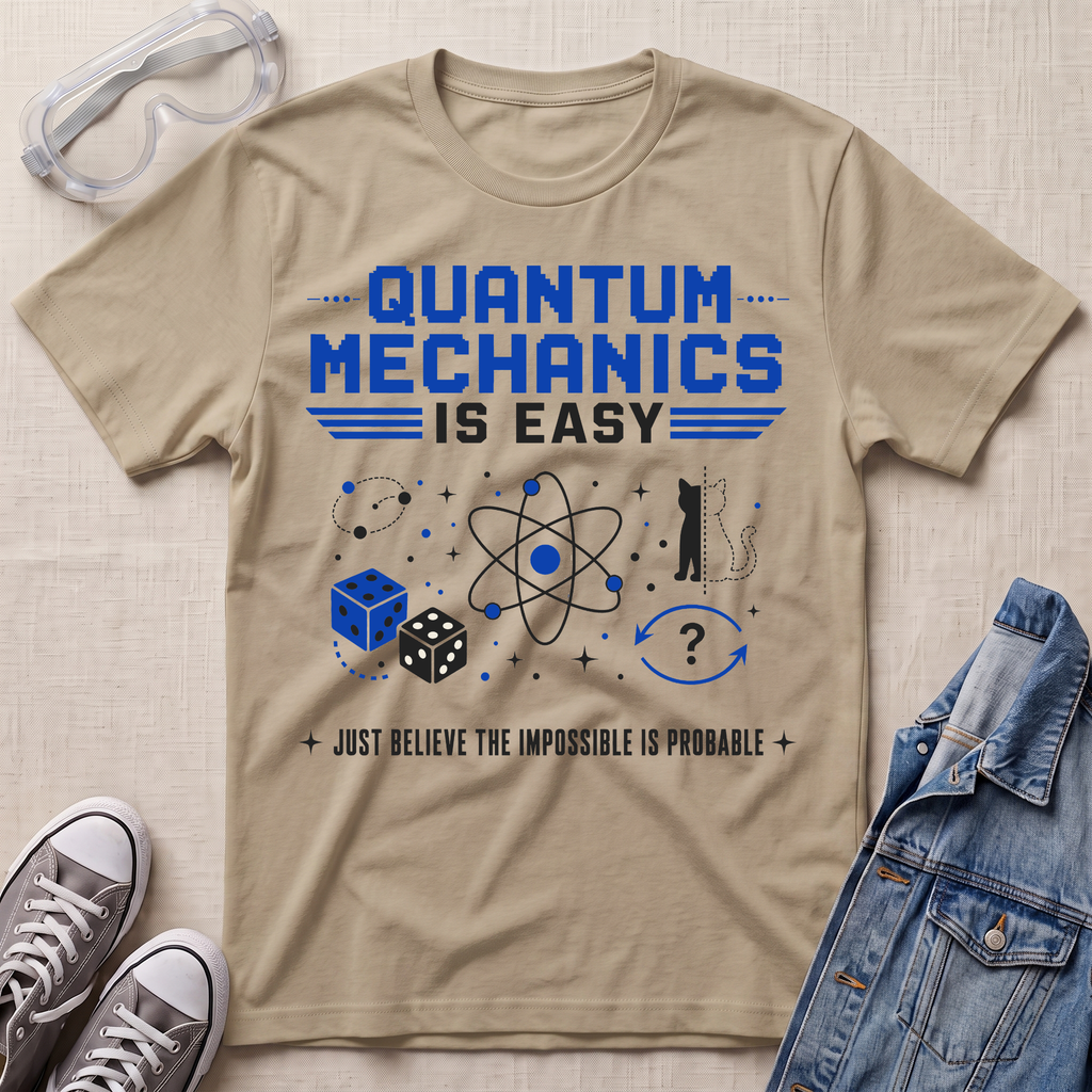 A beige graphic t-shirt featuring a blue and black 'Quantum Mechanics is Easy' design, styled in a flat-lay with safety goggles, sneakers, and a denim jacket on a textured beige background.