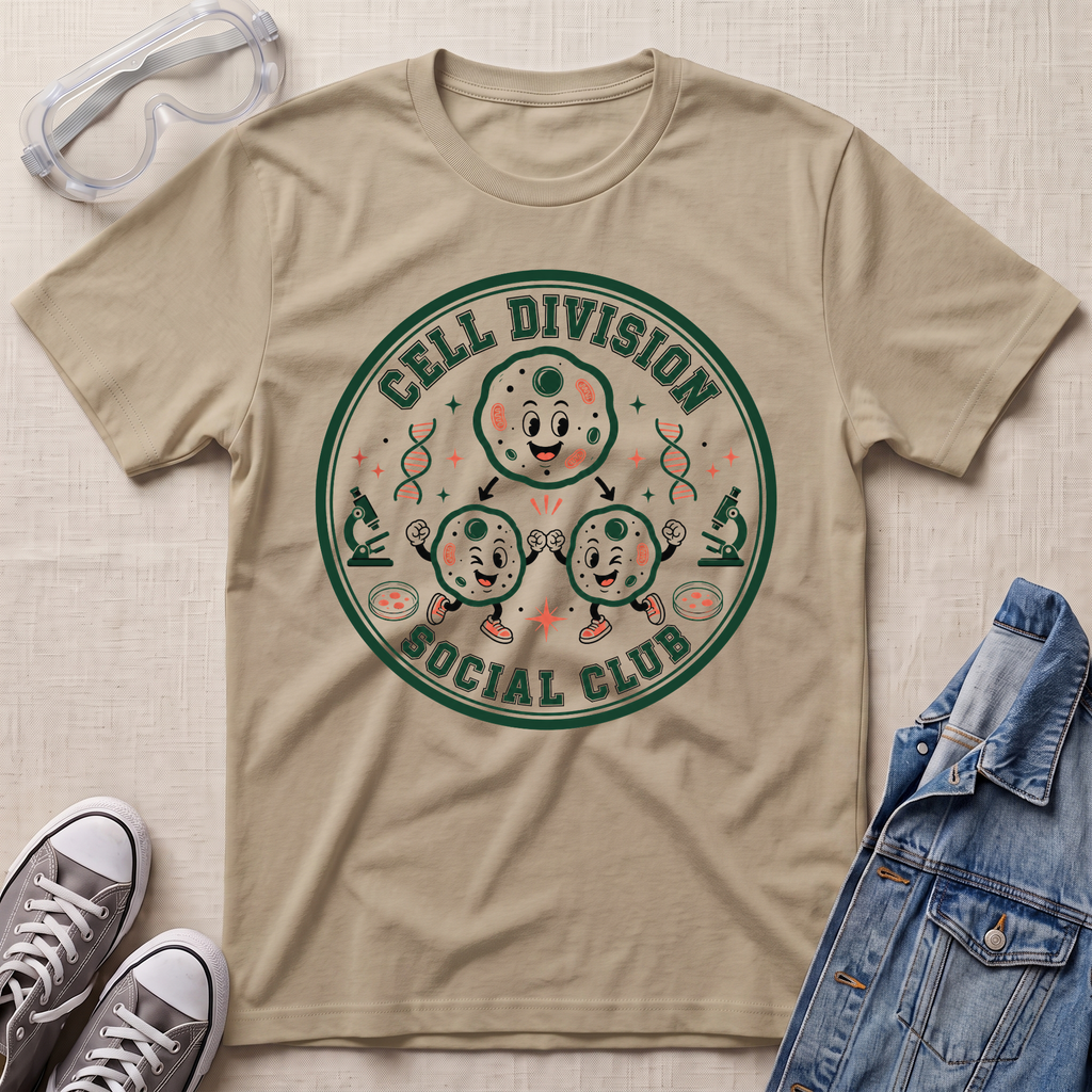 A beige graphic t-shirt laid flat on a textured fabric background, styled with safety goggles, gray sneakers, and a denim jacket. The t-shirt features a circular retro-style graphic reading 'CELL DIVISION SOCIAL CLUB' with cartoon cells and lab-themed illustrations.