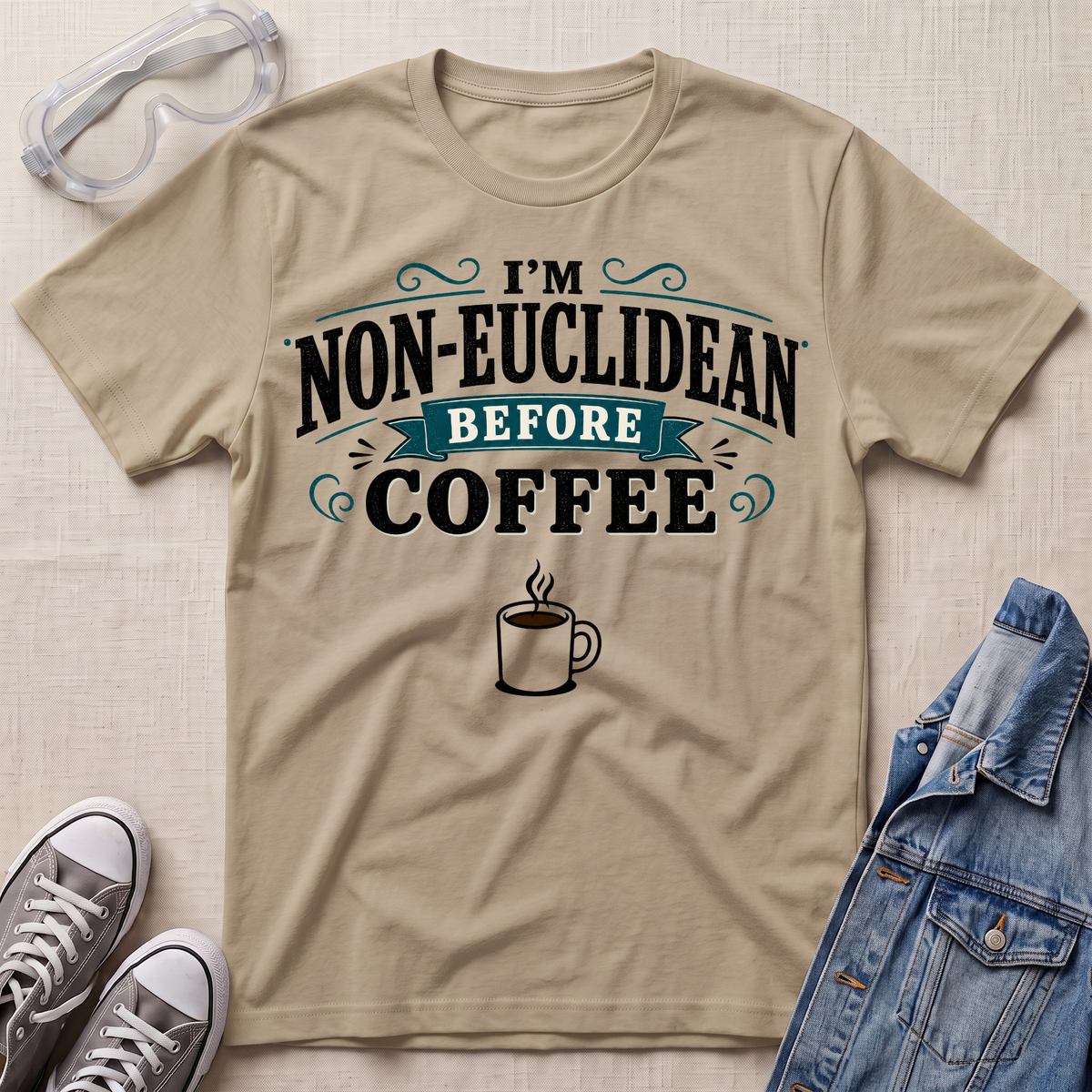A beige graphic t-shirt laid flat on a textured light beige background, styled with safety goggles, gray sneakers, and a blue denim jacket. The t-shirt features the text 'I'M NON-EUCLIDEAN BEFORE COFFEE' in black and teal lettering with a coffee cup illustration below.