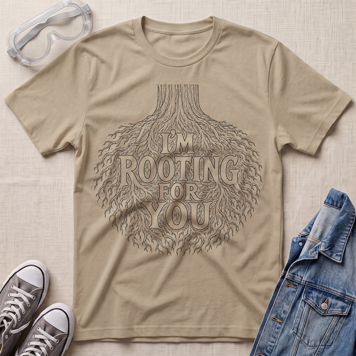 A beige botanical t-shirt featuring an intricate tree root illustration with the pun “I’m Rooting For You” in bold vintage-style lettering.