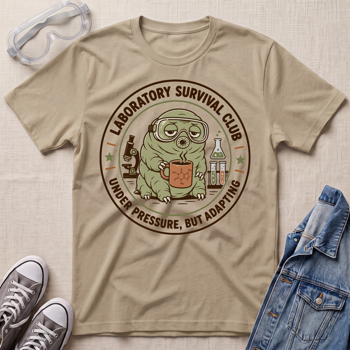 A beige graphic t-shirt laid flat on a textured light beige surface, surrounded by styled props including clear safety goggles, gray sneakers, and a blue denim jacket. The t-shirt features a circular retro-style graphic of a green creature wearing goggles and holding a mug, with the text 'LABORATORY SURVIVAL CLUB' and 'UNDER PRESSURE, BUT ADAPTING'.