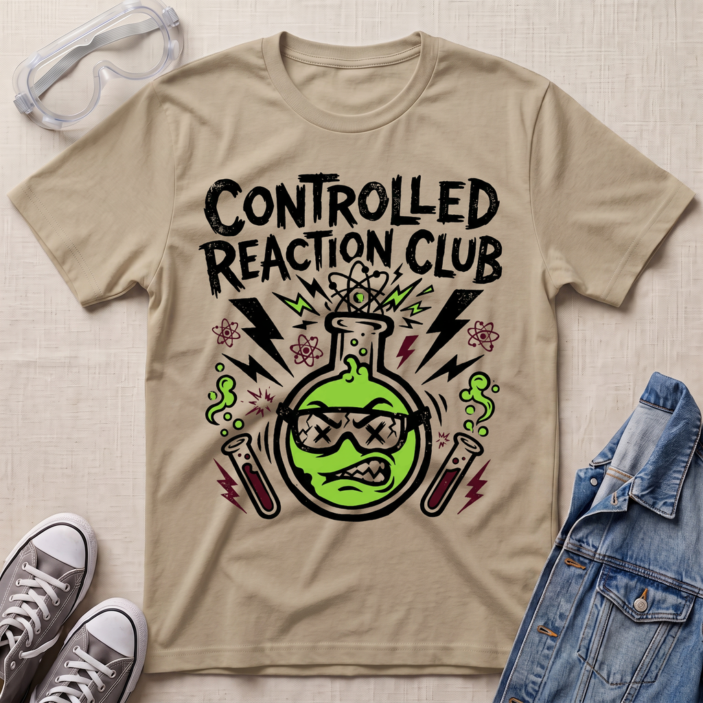 A beige graphic t-shirt featuring a green beaker with sunglasses and the text 'CONTROLLED REACTION CLUB' in black, styled in a flat lay with safety goggles, sneakers, and a denim jacket on a textured beige background.