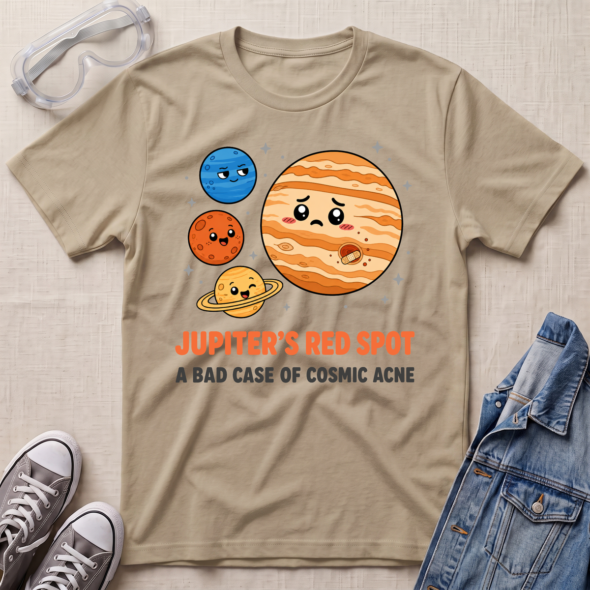 A sand beige graphic t-shirt laid flat on a textured fabric background, styled with a pair of safety goggles, gray sneakers, and a blue denim jacket. The t-shirt features a cartoon graphic of Jupiter and other planets with the text 'JUPITER'S RED SPOT' and 'A BAD CASE OF COSMIC ACNE'.